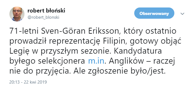 Sven-Goran Eriksson chce PRACOWAĆ w polskim klubie O.o
